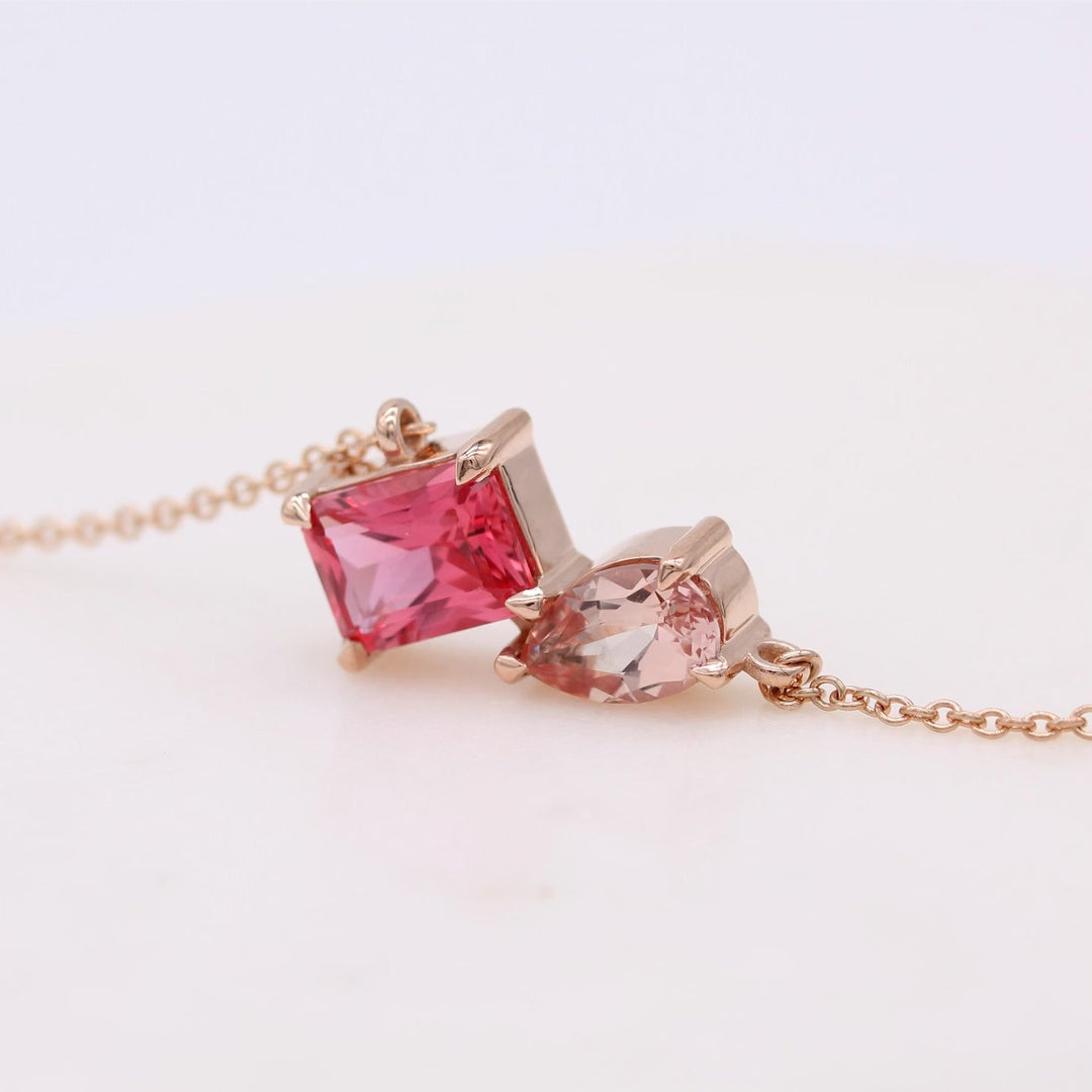 Padparadscha and peachy-pink created sapphire necklace in 14k rose gold