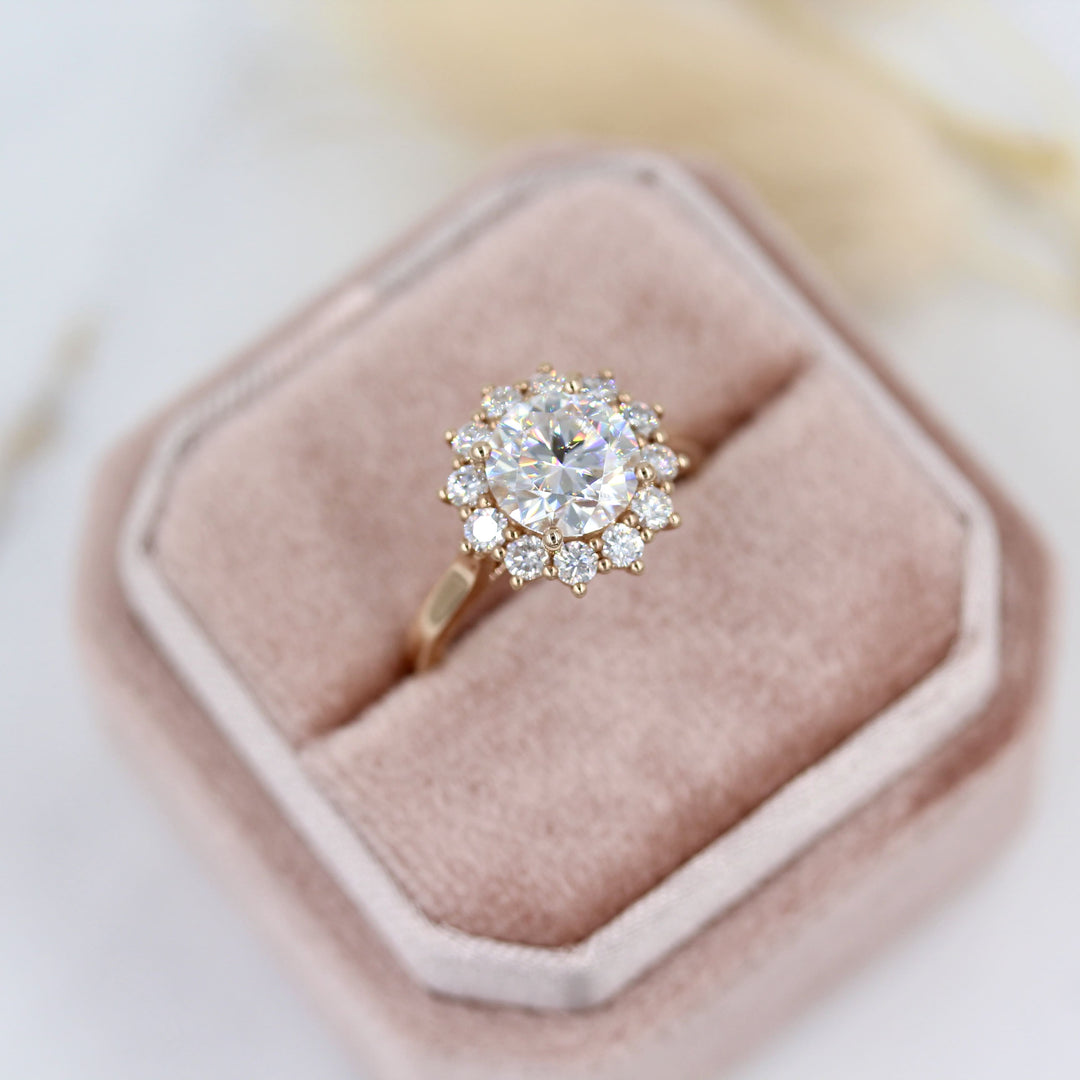 The Allie Ring (Round) - Moissanite in Rose Gold in a pink velvet ring box