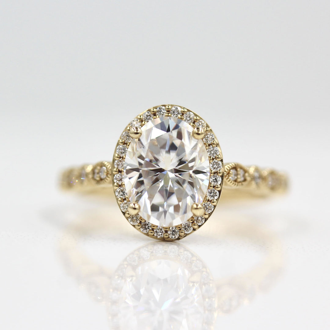 2ct moissanite engagement ring with scalloped lab-grown diamond band