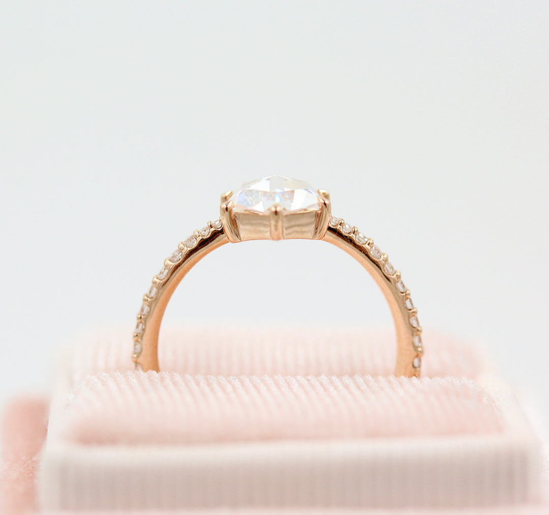 The Aurora Ring (Hexagon) in Rose Gold in a pink velvet ring box