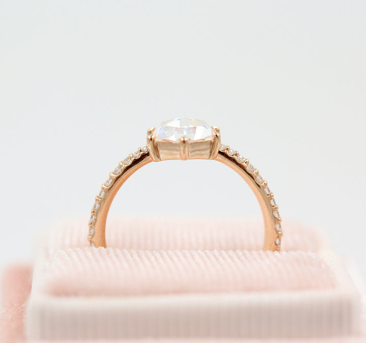 The Aurora Ring (Hexagon) in Rose Gold in a pink velvet ring box