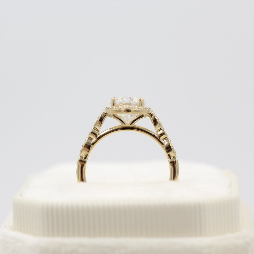 The Charlotte Ring (Oval) in Yellow Gold and Moissanite in a white velvet ring box
