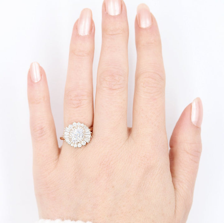 The Soleil Ring in Rose Gold and Moissanite modeled on a hand