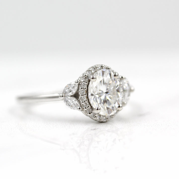 Nature inspired white gold halo engagement ring